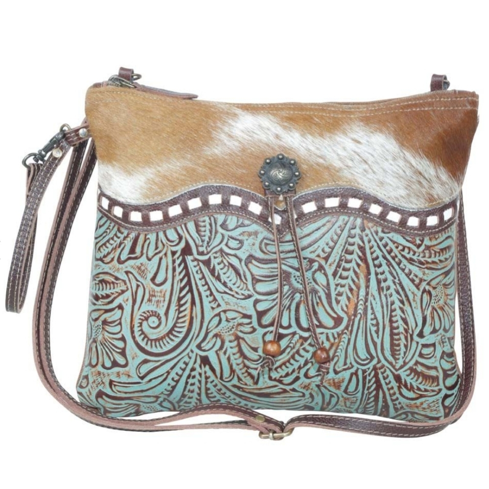 Myra Bag Brown Hair-on Cowhide and Turquoise Tooled Leather Shoulder Bag - Picture 3 of 11